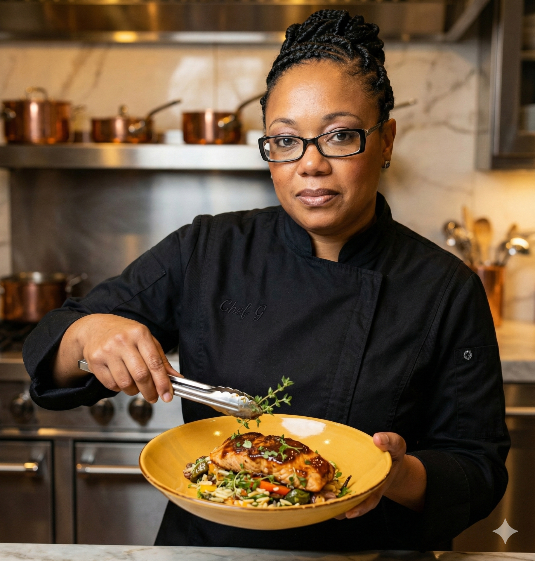 Chef G — LaRonda Woods-Graham plating a dish in her kitchen